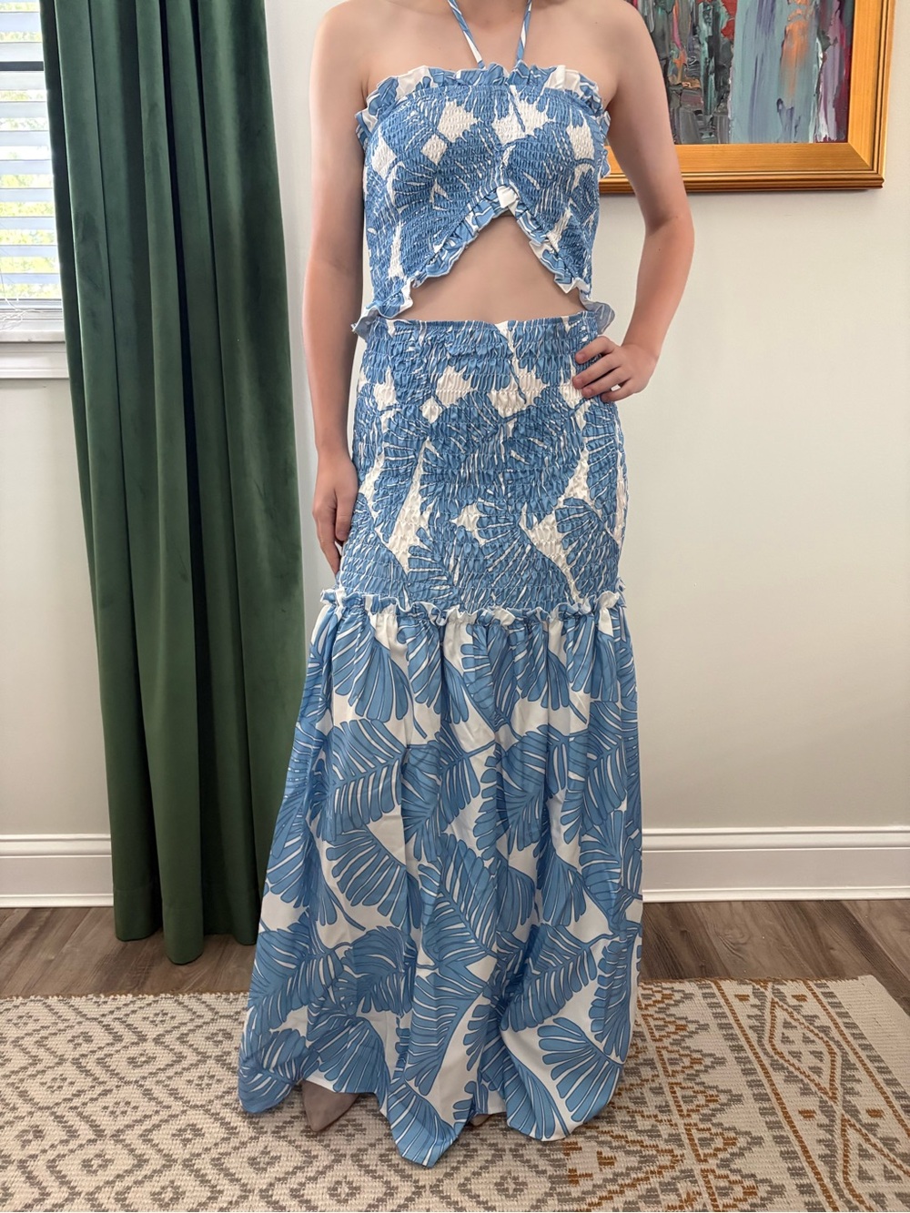 Blue Leaf-Print Smocked Maxi Dress - Women